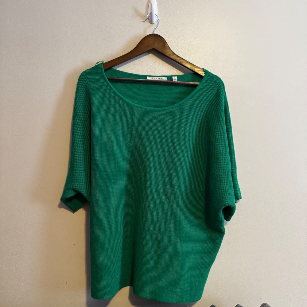 CYRUS Women's Short Sleeve Shirt Waffle Knit Emerald Green Oversized XL Basics